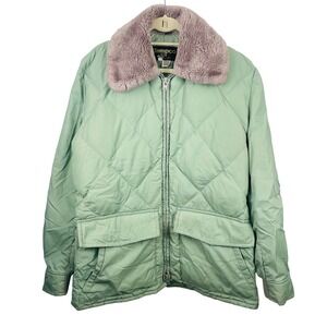 Vtg Tempco Quilted Goose Down Jacket Fur Collar Zip Front Pockets Gorp Womens 44